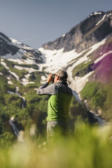 Nationalparkranger mit Fernglas betrachtet schneebedeckte Berge und Wasserfälle auf einer Blumenwiese. | © Ferienregion Nationalpark Hohe Tauern - Max Draeger