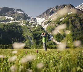 Ranger mit Fernglas steht auf einer Blumenwiese vor schneebedeckten Bergen und Wasserfällen. | © Ferienregion Nationalpark Hohe Tauern - Max Draeger