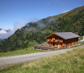 Almhütte an einem Bergweg mit Terrasse und Blick auf grüne Hänge und Nebelschwaden | © Tourismusverband Großarltal