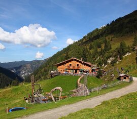 Almhütte mit Terrasse an einem Bergweg, umgeben von grünen Hängen und Spielbereich | © Tourismusverband Großarltal