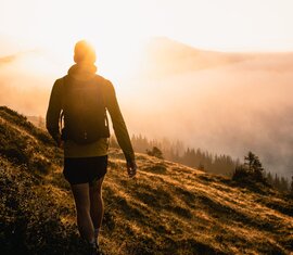 Eine Person wandert bei Sonnenaufgang auf einem grasbewachsenen Hügel mit Blick auf nebelbedeckte Wälder. | © Ferienregion Nationalpark Hohe Tauern - Gerald Demolsky