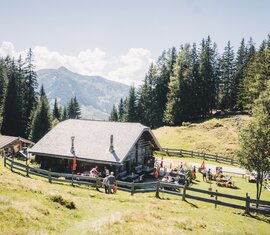 Kapelleralm bei Embach mit Gästen und Bergblick, Hohe Tauern. | © Ferienregion Nationalpark Hohe Tauern – Gerald Demolsky