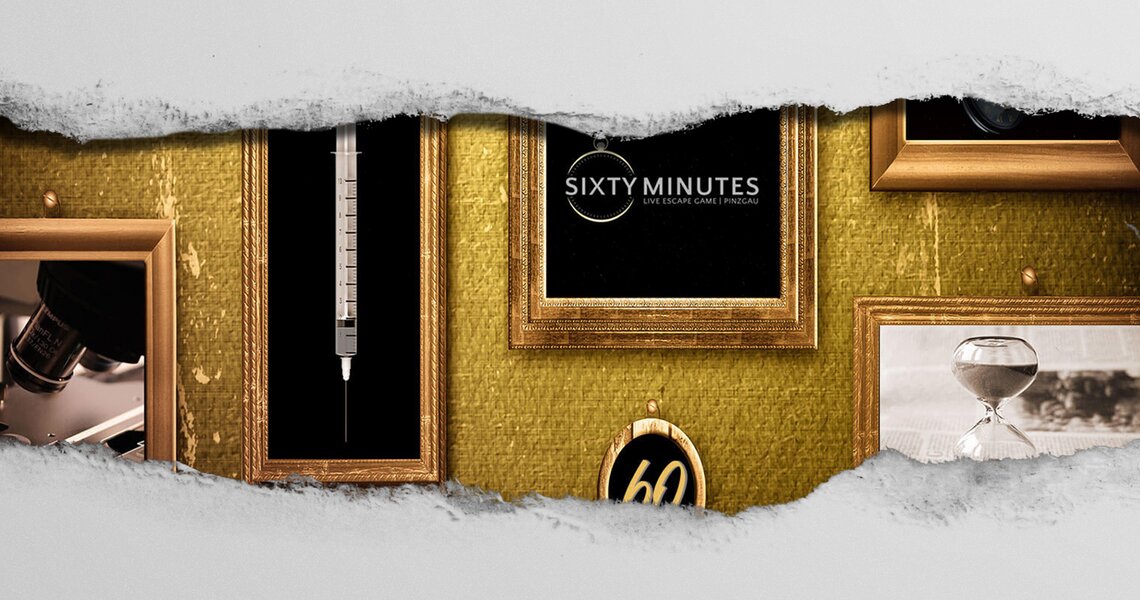 Ein Escape Room mit dekorativen Elementen wie goldenen Rahmen und einer Spritze an der Wand. | © Sixty Minutes - Escape Room Neukirchen
