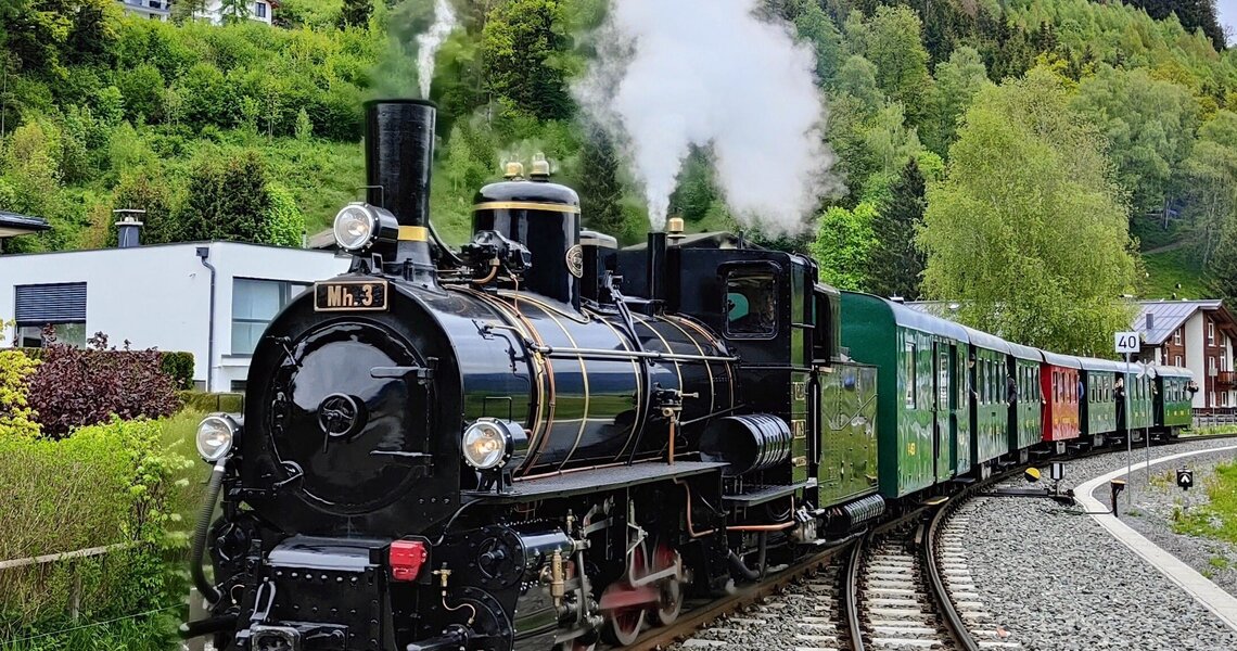 Historische Dampflokomotive auf Schienen, umgeben von grünen Bäumen und Bergen im Hintergrund. | © Pinzgauer Lokalbahn