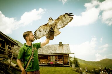 Falkner mit Greifvogel auf einer Berghütte, blauer Himmel im Hintergrund. | © Rauriser Hochalmbahnen AG