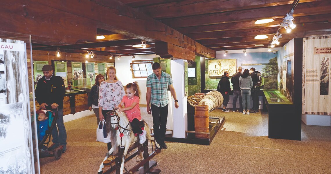 Familie im Norikermuseum Niedernsill, Kind auf Holzpferd und Besucher bei Ausstellung. | © Allmayer Gerd
