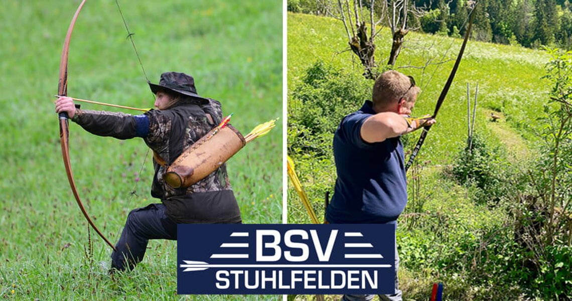 Zwei Personen beim Bogenschießen im Gelände, BSV Stuhlfelden Hinweis im Bild. | © Bogensportverein Stuhlfelden