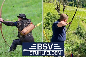 Zwei Personen beim Bogenschießen im Gelände, BSV Stuhlfelden Hinweis im Bild. | © Bogensportverein Stuhlfelden