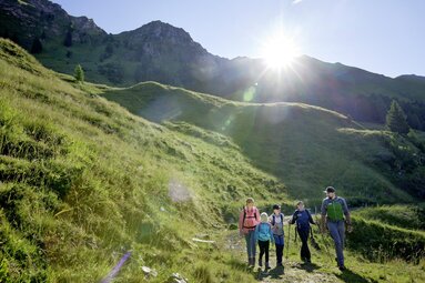 Eine Familie wandert bei Sonnenschein über grüne Almen in einer malerischen Berglandschaft. | © Ferienregion Nationalpark Hohe Tauern - Michael Huber