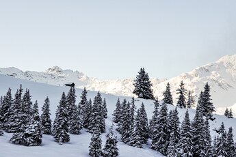  Verschneite Tannen vor einer Berghütte und einer Kulisse aus schneebedeckten Gipfeln bei klarem Himmel. | © Rieder