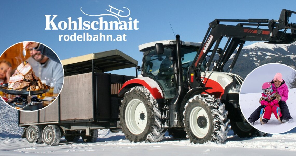 Traktor mit Anhänger bringt Gäste zur Rodelbahn Kohlschnait. | © Gasthof Kohlschnait