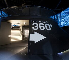 Modernes Nationalpark 360°-Erlebnis mit beleuchteter Treppe und Panorama-Bildschirmen. | © zangl.ultd-Franz Neumayr-Leo