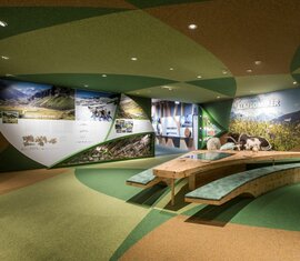 Ausstellung über den Almsommer mit Schafen, interaktivem Tisch und farbenfrohem Design. | © zangl.ultd-Franz Neumayr-Leo