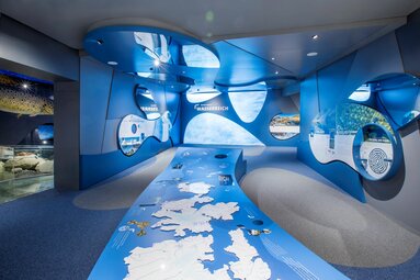 Interaktive blaue Ausstellung zum Thema Wasser mit Karten und Spiegeln. | ©  zangl.ultd-Franz Neumayr-Leo 