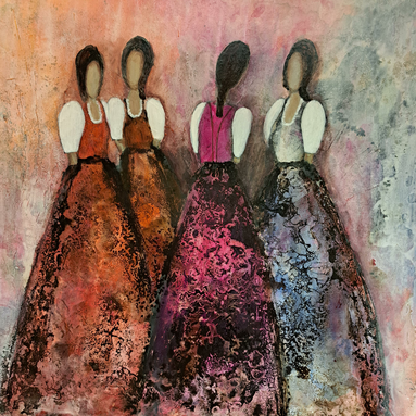 Painting of four women in colorful dirndls against an abstract background. | © Gertraud Kirchner