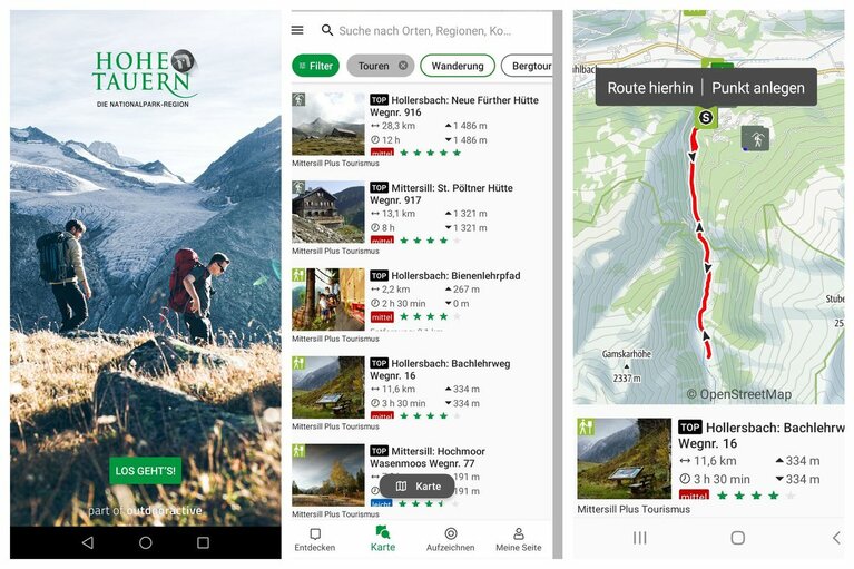 App-Screenshots der Ferienregion Nationalpark Hohe Tauern mit Wanderrouten und Kartenansicht.