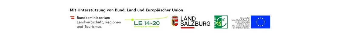 Logos von Bund, Land Salzburg, LE 14-20, EU und Förderprogrammen mit Unterstützungstext.