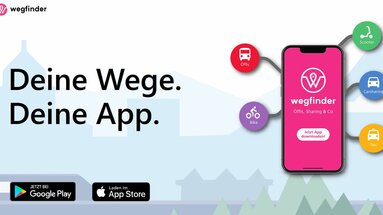 Werbung für die Wegfinder-App mit Smartphone, Symbolen für Verkehrsmittel und Slogan.