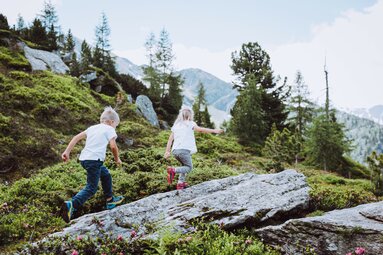 Zwei Kinder spielen und erkunden die alpine Landschaft. | © SalzburgerLand Tourismus
