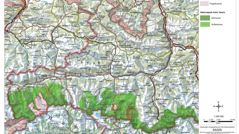 Karte mit Flugtabuzonen für Gleitschirmflieger im Nationalpark Hohe Tauern Salzburg. | © Nationalparkverwaltung Salzburg