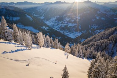 Skifahrer fährt bei Sonnenuntergang durch unberührten Pulverschnee. | © Gasteinertal Tourismus GmbH - Oberschneider