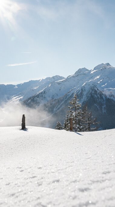 Winter mountain hut with view of sunlit, snow-covered Alpine landscape. | © Holiday Region National Park Hohe Tauern - Innerhofer