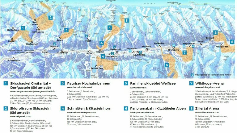 Skigebiete der Nationalpark-Region Hohe Tauern mit Liften und Pisten auf einer Karte. | © Ferienregion Nationalpark Hohe Tauern
