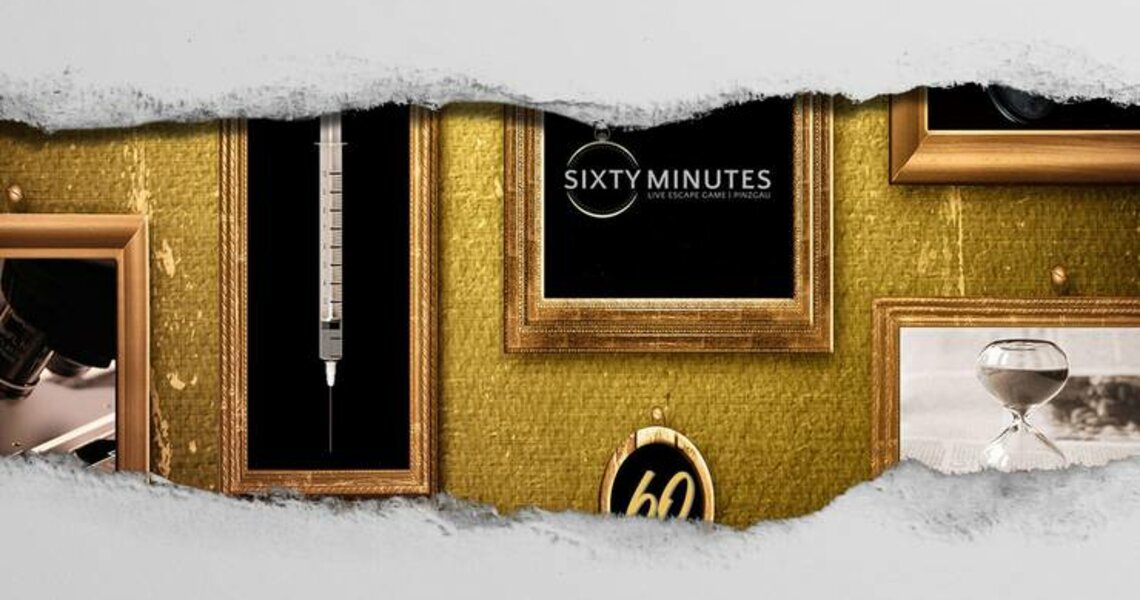 Gerahmte Bilderwand mit Spritze und „Sixty Minutes“-Logo | © Sixty Minutes Escape Game, Prag