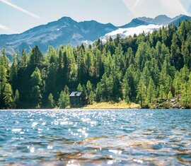 Ruhiger Bergsee mit einer Hütte am Ufer, umgeben von dichten Wäldern und Bergen. | © Salzburger Land Tourismus